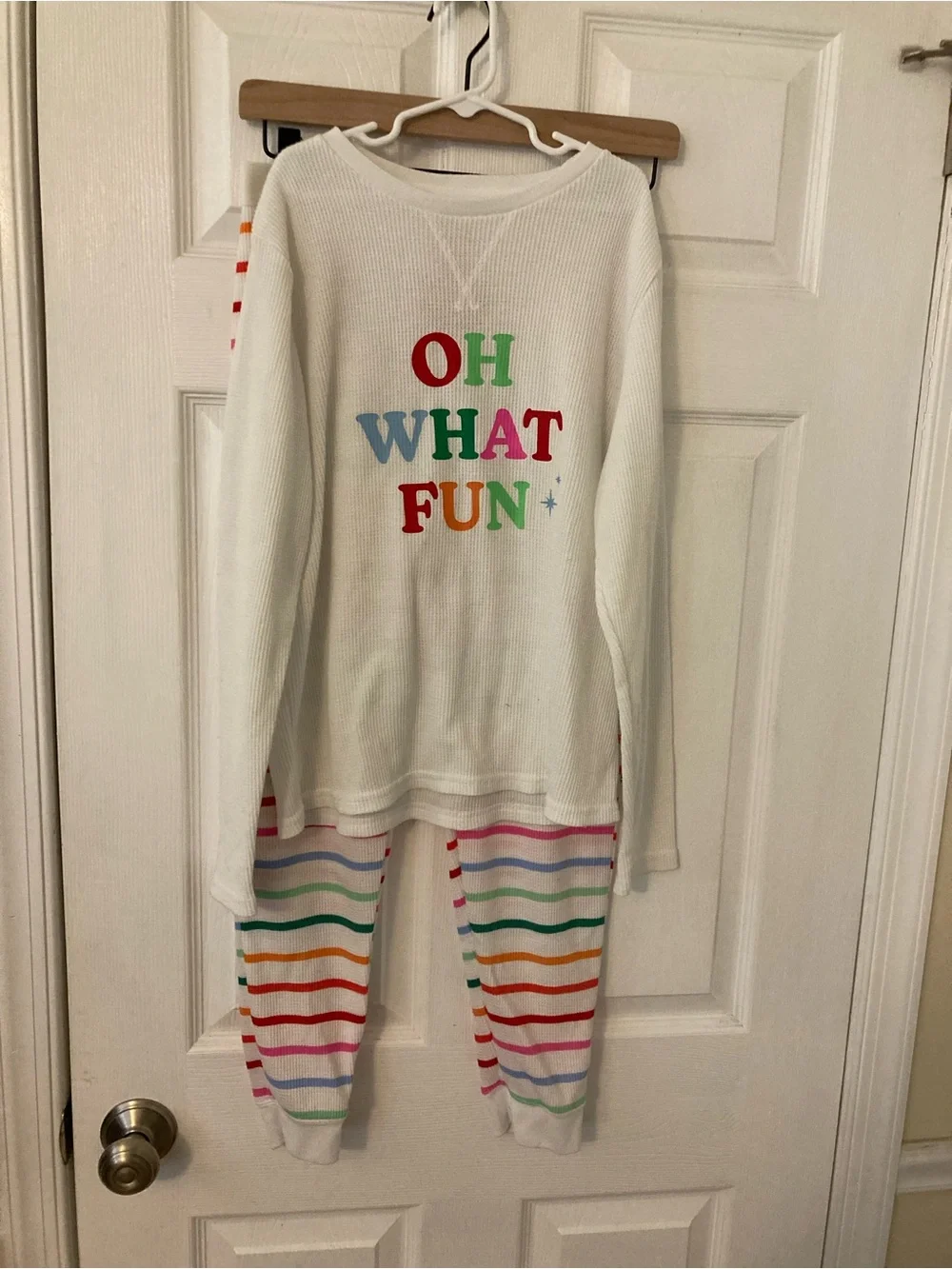 Kids White Thermal Pajama Set with Rainbow Stripe Pants - 
